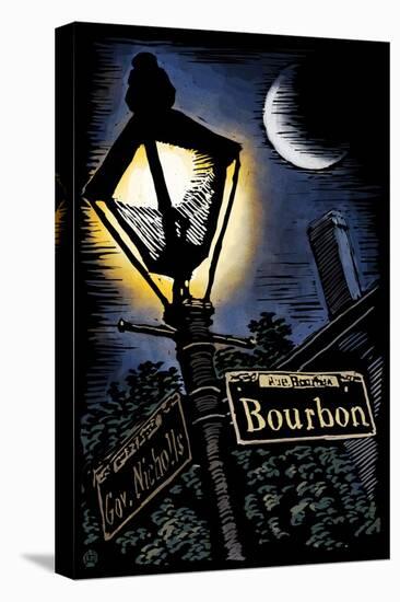 Bourbon Street - New Orleans, Louisiana - Scratchboard-Lantern Press-Stretched Canvas