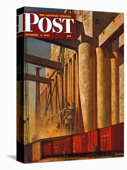 "Boxcars at Grain Elevators," Saturday Evening Post Cover, October 4, 1947-John Atherton-Premier Image Canvas