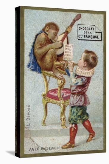 Boy and Monkey Playing Musical Instruments Together-null-Premier Image Canvas