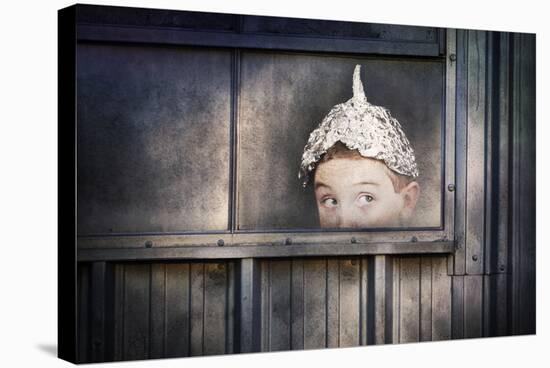 Boy in a Tin Foil Hat Peeking Out of a Window-soupstock-Stretched Canvas