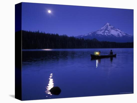 Boys in Canoe on Lost Lake with Mt Hood in the Distance, Mt Hood National Forest, Oregon, USA-Janis Miglavs-Premier Image Canvas