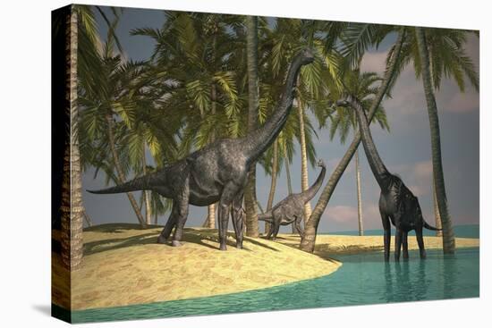Brachiosaurus Dinosaurs Grazing at the Water's Edge-null-Stretched Canvas