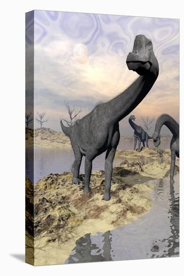 Brachiosaurus Dinosaurs Near Water with Reflection by Sunset and Full Moon-null-Stretched Canvas