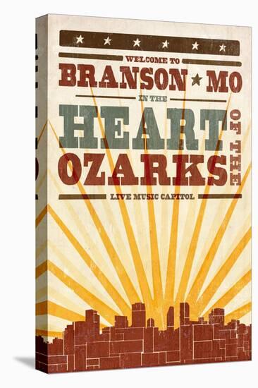 Branson, Missouri - Skyline and Sunburst Screenprint Style-Lantern Press-Stretched Canvas