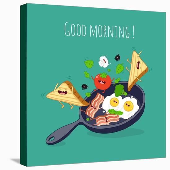 Breakfast Poster. Fried Eggs with Bacon on a Blue Pan. Vector Illustration-Serbinka-Stretched Canvas