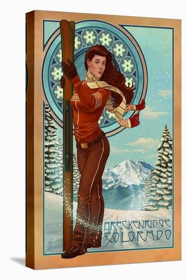 Breckenridge, Colorado - Art Nouveau Skier-Lantern Press-Stretched Canvas