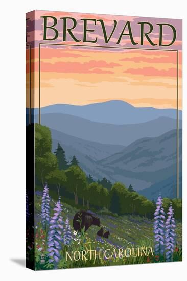 Brevard, North Carolina - Spring Flowers and Bear Family-Lantern Press-Stretched Canvas