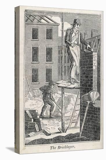 Bricklayer Standing on a Rather Precarious Looking Scaffold, His Assistant Mixes Mortar Behind Him-null-Premier Image Canvas