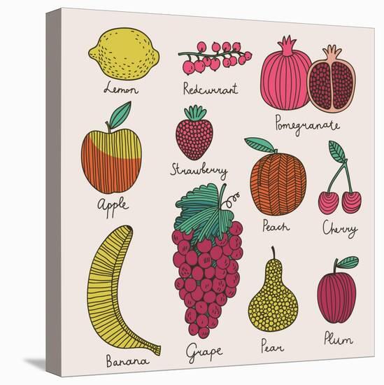 Bright Fruit and Berries Set in Vector. Lemon, Redcurrant, Apple, Strawberry, Banana, Grape, Pomegr-smilewithjul-Stretched Canvas