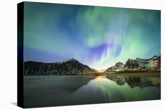 Bright night sky with Aurora Borealis (Northern Lights) over mountains and Skagsanden beach-Roberto Moiola-Premier Image Canvas
