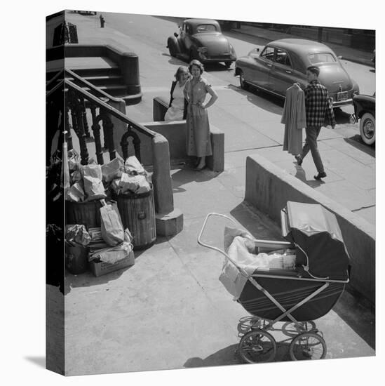 Brooklyn Street Scene, Baby Carriage, Two Women, and a Boy Carrying Dry Cleaning, NY, 1949-Ralph Morse-Premier Image Canvas