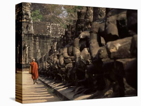 Buddhist Monk Approaching South Gate, Angkor Thom, Angkor, Cambodia, Indochina-Andrew Mcconnell-Premier Image Canvas