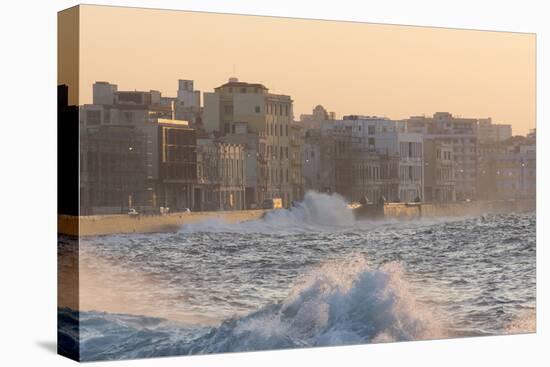 Buildings Along the Malecon in Soft Evening Sunlight with Large Waves Crashing Against the Sea Wall-Lee Frost-Premier Image Canvas