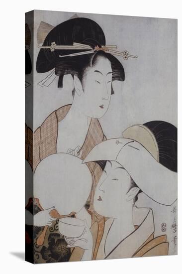Bust Portrait of Two Women, One Holding a Fan, the Other with a Head Cover Holding a Tea Cup-Kitagawa Utamaro-Premier Image Canvas