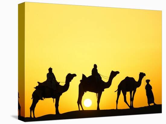 Camels and camel driver silhouetted at sunset, Thar Desert, Jodhpur, India-Adam Jones-Premier Image Canvas