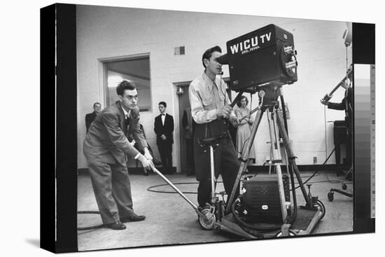 Cameraman Nick Luppino Honing in TV Camera During 1st Broadcast at Newly Opened WICV-TV Station-Ralph Morse-Premier Image Canvas