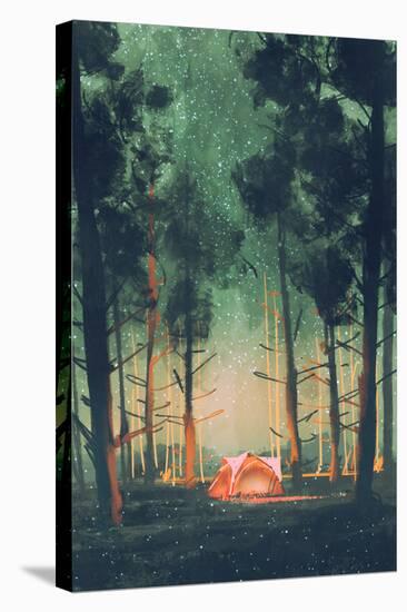 Camping in Forest at Night with Stars and Fireflies,Illustration,Digital Painting-Tithi Luadthong-Stretched Canvas