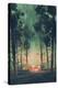 Camping in Forest at Night with Stars and Fireflies,Illustration,Digital Painting-Tithi Luadthong-Stretched Canvas