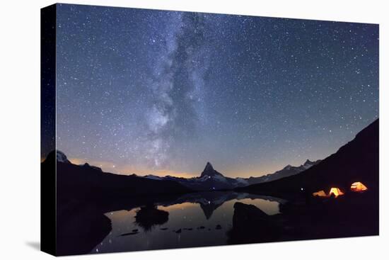 Camping under the Stars and Milky Way with Matterhorn Reflected in Lake Stellisee, Switzerland-Roberto Moiola-Premier Image Canvas