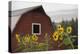 Canada, B.C., Vancouver Island, Cowichan Valley. Sunflowers by a Barn-Kevin Oke-Premier Image Canvas