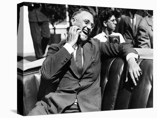 Candid Portrait of President Franklin Roosevelt Speaking to Informally to Greeters at Hyde Park, NY-null-Stretched Canvas