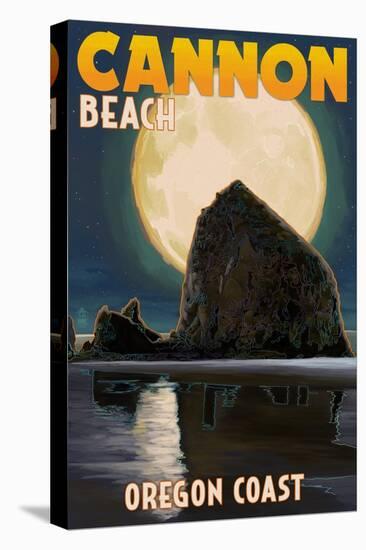 Cannon Beach, Oregon - Haystack Rock and Full Moon-Lantern Press-Stretched Canvas