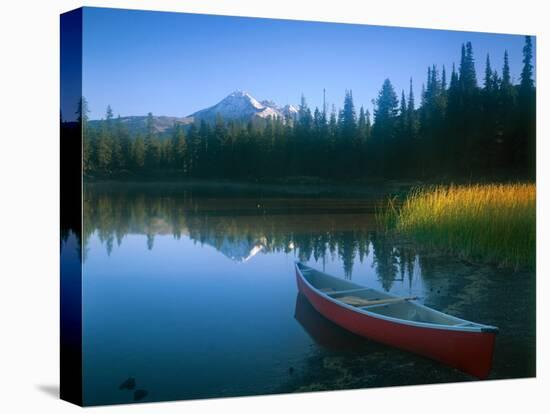 Canoe in Sparks Lake, Broken Top Mountain in Background, Cascade Mountains, Oregon, USA-Janis Miglavs-Premier Image Canvas