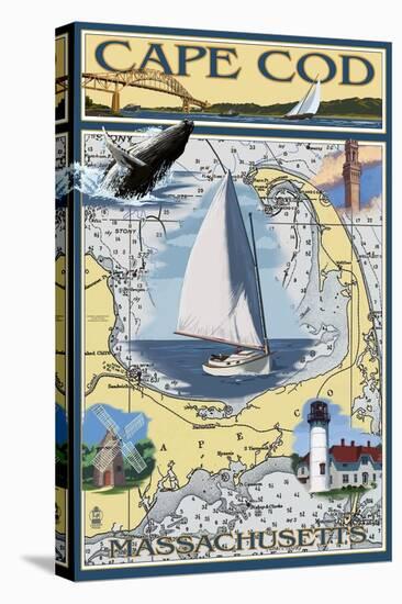 Cape Cod, Massachusetts Chart & Views-Lantern Press-Stretched Canvas