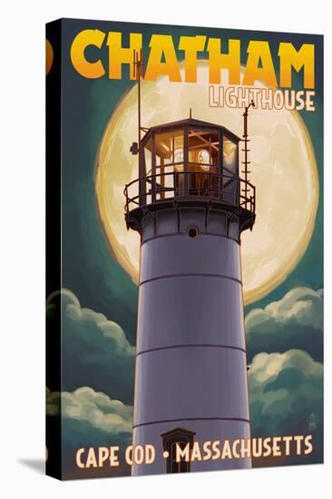 Cape Cod, Massachusetts - Chatham Light and Full Moon-Lantern Press-Stretched Canvas