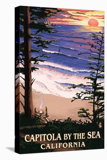 Capitola, California - Capitola by the Sea Sunset and Surfers-Lantern Press-Stretched Canvas