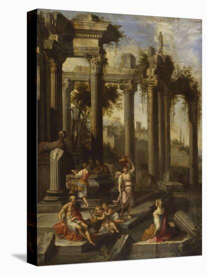 Capricci of Classical Ruins with Water Carriers, Philosophers and Noblemen (Left Panel)-Giovanni Ghisolfi (Circle of)-Premier Image Canvas