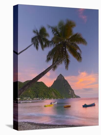 Caribbean, St Lucia, Soufriere Bay, Soufriere Beach and Petit Piton, Traditional Fishing Boats-Alan Copson-Premier Image Canvas