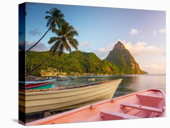 Caribbean, St Lucia, Soufriere Bay, Soufriere Beach and Petit Piton, Traditional Fishing Boats-Alan Copson-Premier Image Canvas