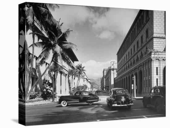 Cars Crossing an Intersection on a Downtown Honolulu Street with Mountains in the Background-null-Premier Image Canvas