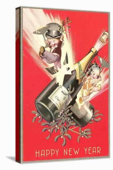 Cartoon Children with Champagne Bottles-null-Stretched Canvas