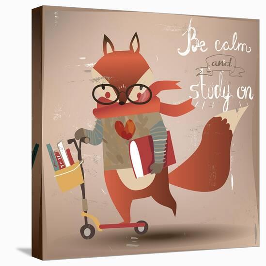 Cartoon Fox with Books-Elena Barenbaum-Stretched Canvas