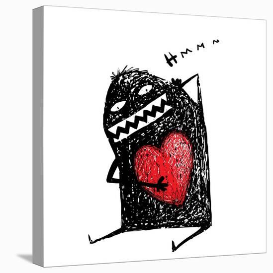 Cartoon Fun Amazing Character Scribble Love with Red Heart Inside. Cartoon Character with Red Heart-Popmarleo-Stretched Canvas