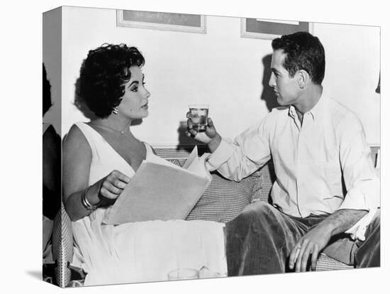 CAT ON A HOT TIN ROOF, 1958 directed by RICHARD BROOKS On the set, Elizabeth Taylor and Paul Newman-null-Stretched Canvas