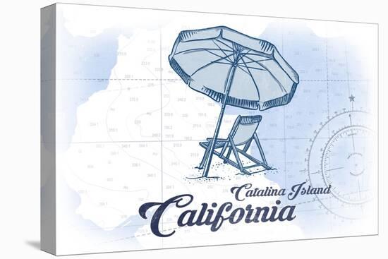 Catalina Island, California - Beach Chair and Umbrella - Blue - Coastal Icon-Lantern Press-Stretched Canvas