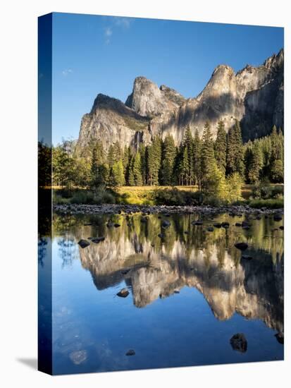 Cathedral Rocks and Bridalveil Fall Reflected in the Merced River of Yosemite Valley-Ann Collins-Premier Image Canvas