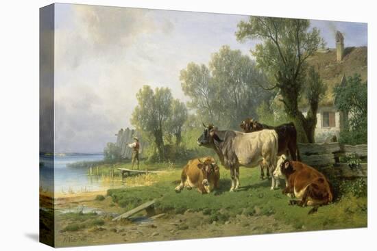 Cattle in a Farmyard Along a River with a Fisherman Beyond, 1881-Johann Friedrich Voltz-Premier Image Canvas