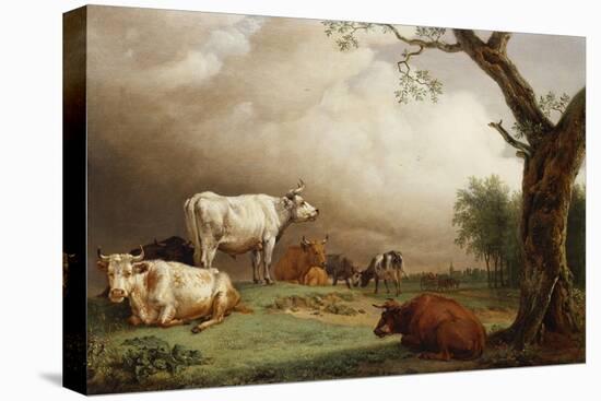 Cattle in a Field, with Travellers in a Wagon on a Track Beyond and a Church Tower in the…-Paulus Potter-Premier Image Canvas