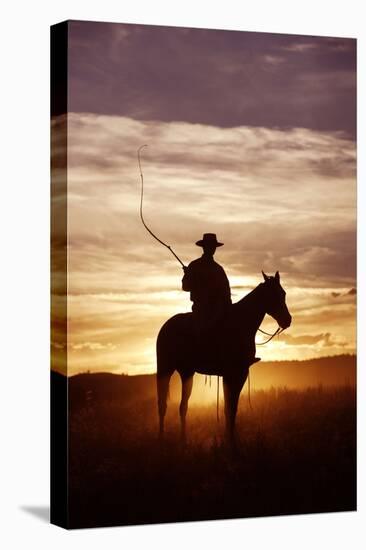 Cattleman Riding Quarter, Paint Horse at Sunset-null-Premier Image Canvas