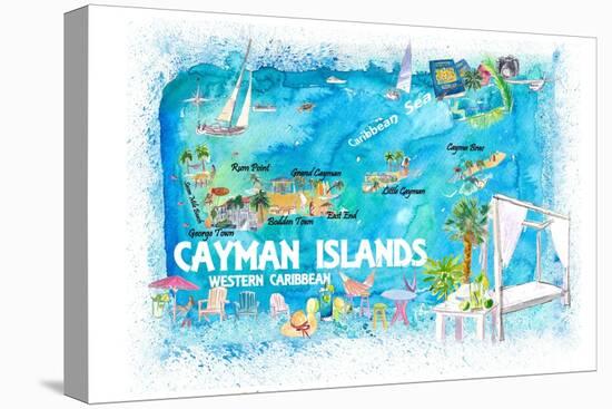 Cayman Islands Illustrated Travel Map with Roads and Highlights-M. Bleichner-Stretched Canvas