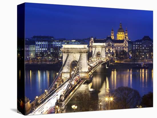 Chain Bridge and St. Stephen's Basilica at Dusk, UNESCO World Heritage Site, Budapest, Hungary, Eur-Stuart Black-Premier Image Canvas