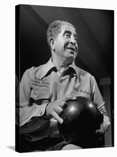 Champion Bowler Andy Varipapa Demonstrating How to Hold a Bowling Ball-Gjon Mili-Premier Image Canvas