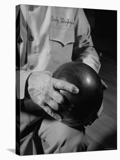 Champion Bowler Andy Varipapa Demonstrating How to Hold a Bowling Ball-Gjon Mili-Premier Image Canvas