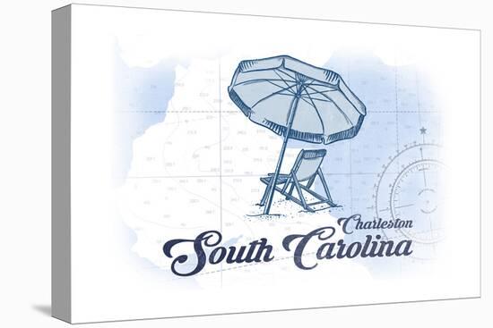 Charleston, South Carolina - Beach Chair and Umbrella - Blue - Coastal Icon-Lantern Press-Stretched Canvas