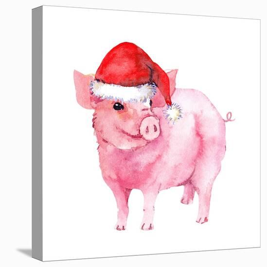 Cheerful Pig in Red Santa Hat. Watercolor for New Year 2019-zzorik-Premier Image Canvas