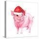 Cheerful Pig in Red Santa Hat. Watercolor for New Year 2019-zzorik-Premier Image Canvas